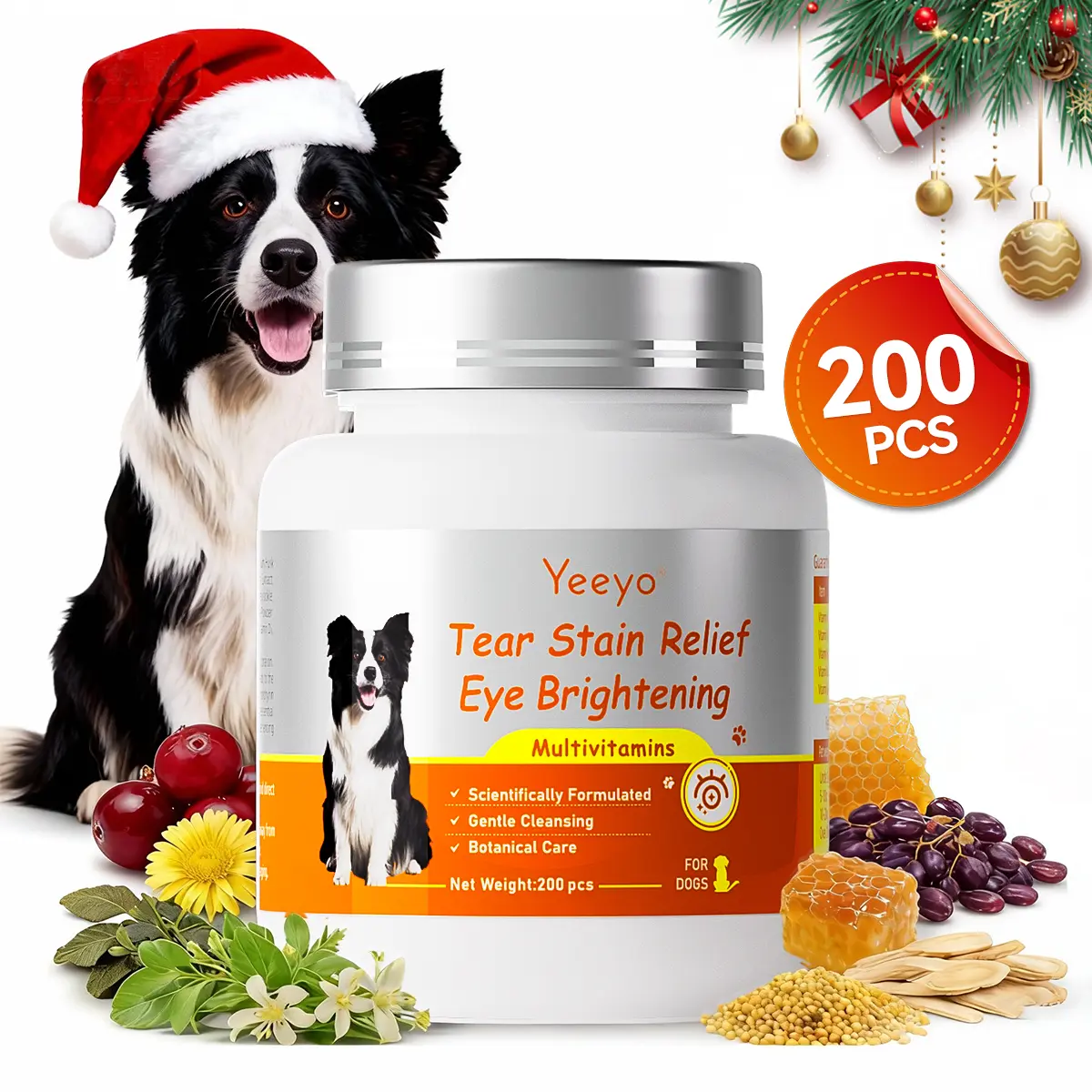 YeeYo Tear Stain Relief Eye Brightening Daily Supplement for Dogs with Cranberry & Probiotics Chicken Flavor 200 Tablets