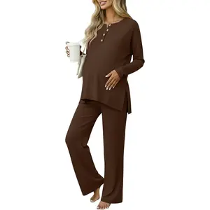 Women's Maternity Pajamas Sets Long Sleeve Pregnancy Postpartum Delivery Lounge Nursing Pjs with Pockets
