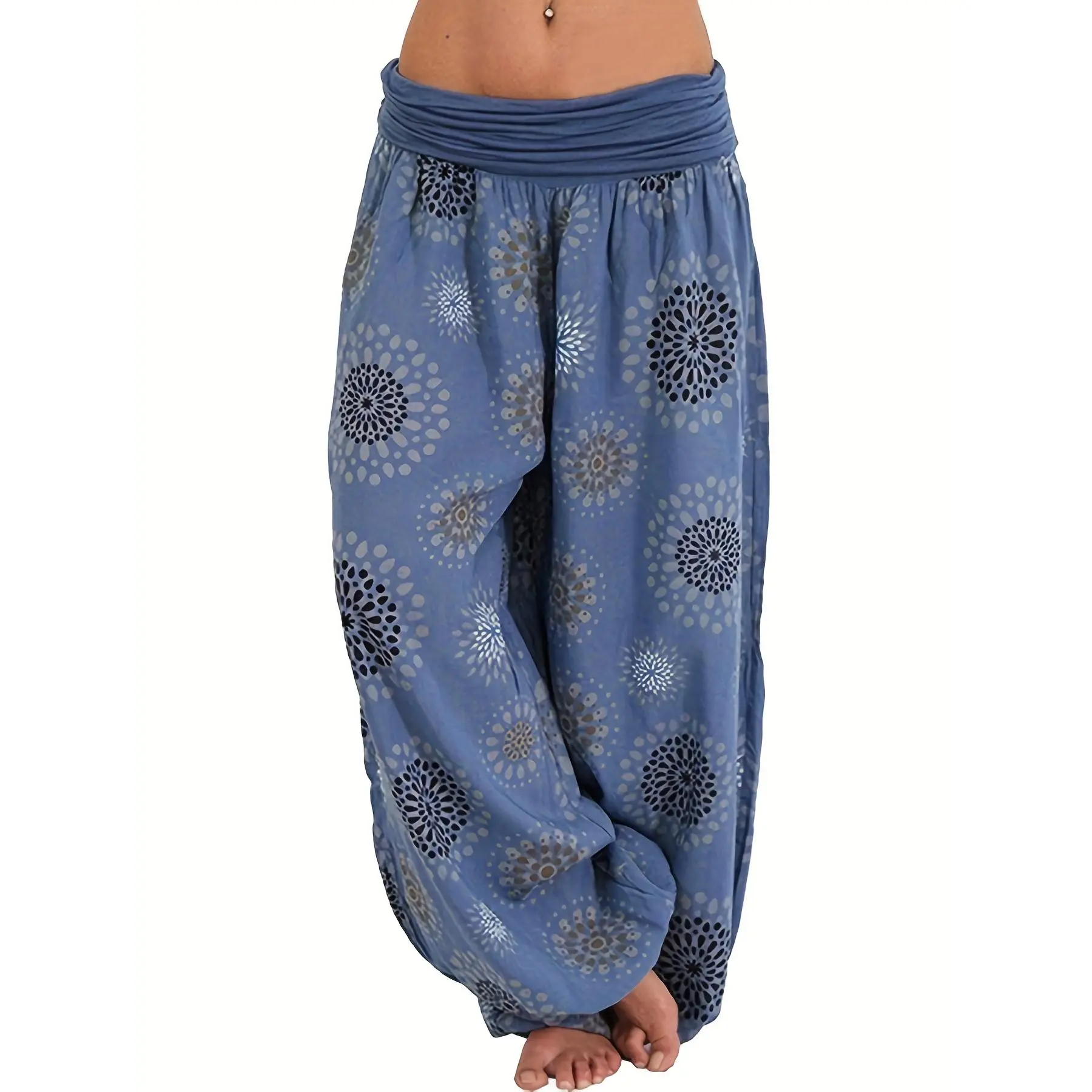 Plus Size Boho Pants, Women's Plus Mandala Print Ruched Low Waist Loose Comfy Harem Pants