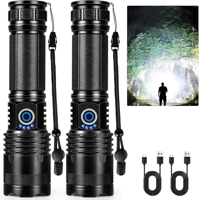 Rechargeable Flashlights 2 Pack Super Bright High Lumens Flashlight LCD Digital Display, 5 Modes, USB C Charging, Zoomable Linternas, Powerful Handheld Flashlights for Home Emergencies Camping