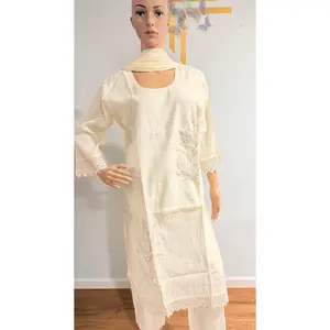 Elegant Off-White Silk Linen Embroidered Kurti Set