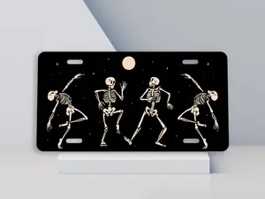 Dancing Skeletons Black License Plate, Cute Halloween Car Decor, Spooky Car Accessories for Women, Cool Gifts for Mom, Gothic Gift Daughter