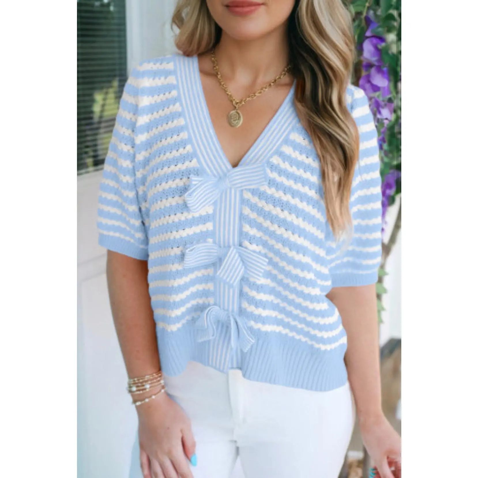 Sky Blue Stripe Short Sleeve Knit V Neck Bow Knot Sweater