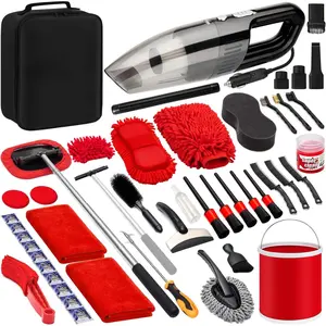 47Pcs Car Wash Cleaning Kit with High Power Handheld Vacuum Windshield Cleaning Tool with Side Mirror Squeegee Bucket Detailing Brushes Tire Brush Towels Complete Detailing Set for Car