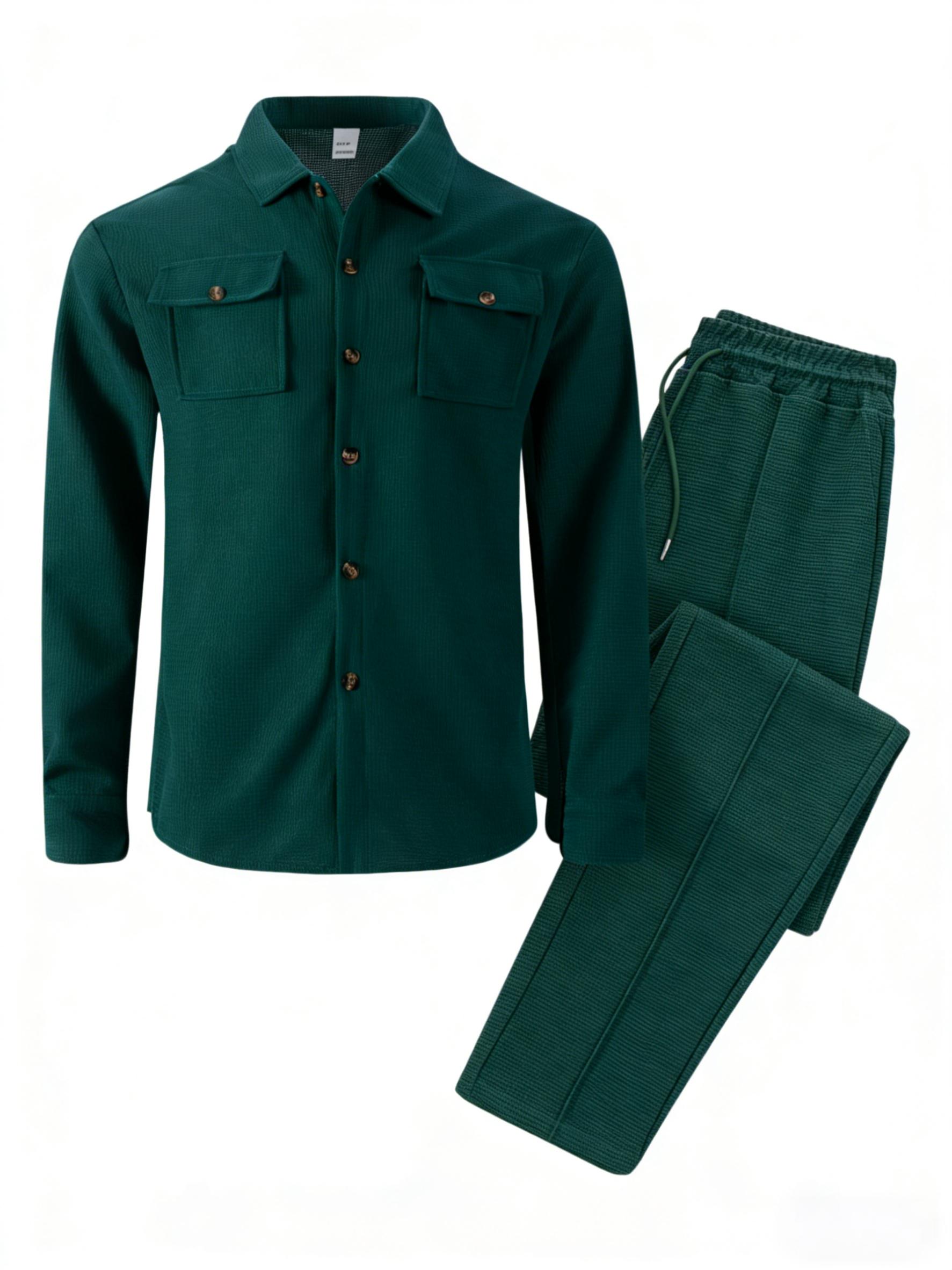 2026 new men's casual set, featuring a collared top and drawstring casual pants two-piece set, spring and autumn long-sleeve buttoned pocket sportswear set, regular fit, suitable for everyday casual wear