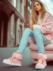 Women's Fashionable Contrast Faux Fur Design Snow Boots, Casual Warm Ankle Boots for Winter, Fluffy Winter Shoes for Daily Wear