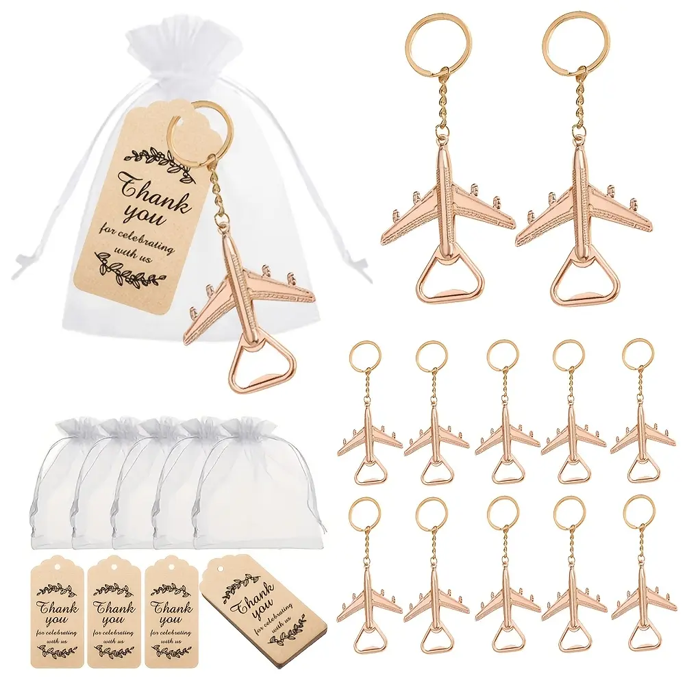 12-Piece Airplane Bottle Opener Keychains with Organza Bags & Thank You Tags, Travel-Themed Birthday Party Favors, Bridal Shower Guest Wedding Souvenirs