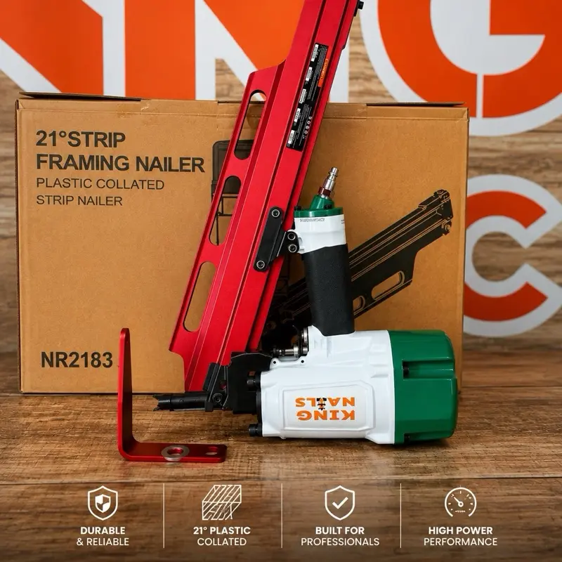 King Nails NR2183 21-Degree Plastic Strip Pneumatic Framing Nailer Gun - Pneumatic Tool with Durable & Classic Design, Heavy-Duty Construction, Metal Body, Sequential Fire, Grip Handle, Aluminum Loader, 64-70 Nail Capacity, 70-120 PSI Operation, None, Hea