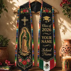 Custom Mexican Graduation Stole 2026, Virgen de Guadalupe Floral Sash, Custom Name & School Name Stole