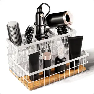 Hair Tool Organizer Countertop - Breathable Metal & Bamboo Hot Tools Organizer for Vanity - Hot Hair Tools Organizer Under Sink - Bathroom Hair Dryer Holder Countertop - Curling Iron Holder Countertop