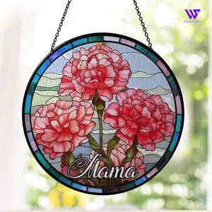 Personalized Birth Flower Stained Glass Suncatcher, Carnation Flowers Stained Glass, Mothers Day Gift for Mom, Birth Month Flower Suncatcher