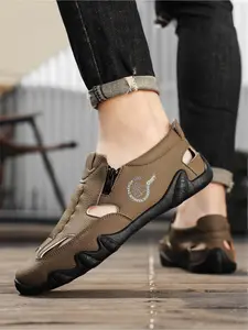 Men's Summer Breathable Hollow Out Casual Shoes, Slip-On Zipper Loafers, Non-Slip Soft Sole Driving Shoes