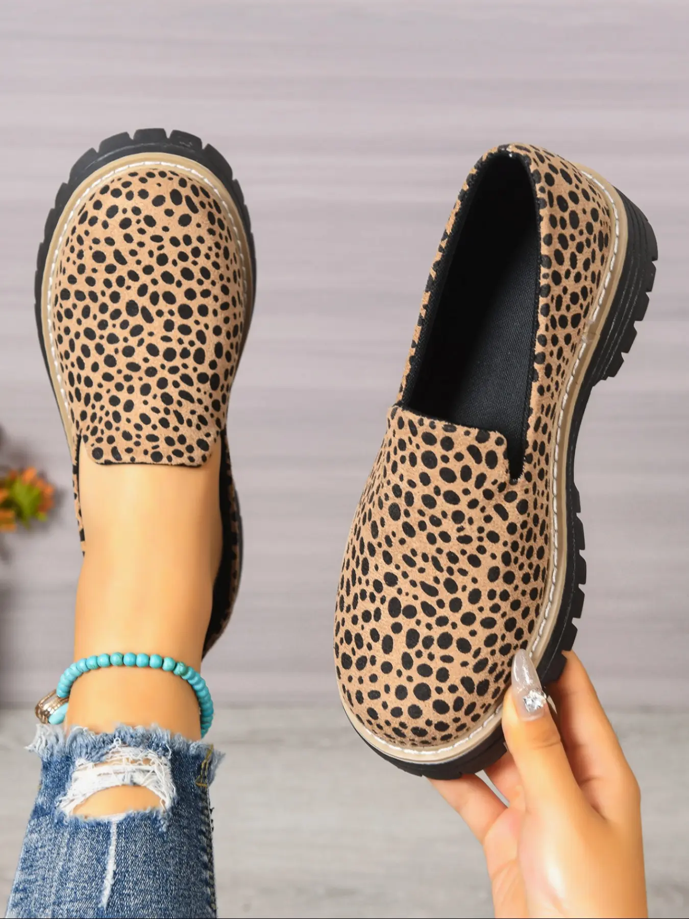 Micro Leopard Slip-On Platform Loafers – Chunky Lug Sole | Effortless On/Off for Work & Brunch | Cushioned Insole + Bold Print