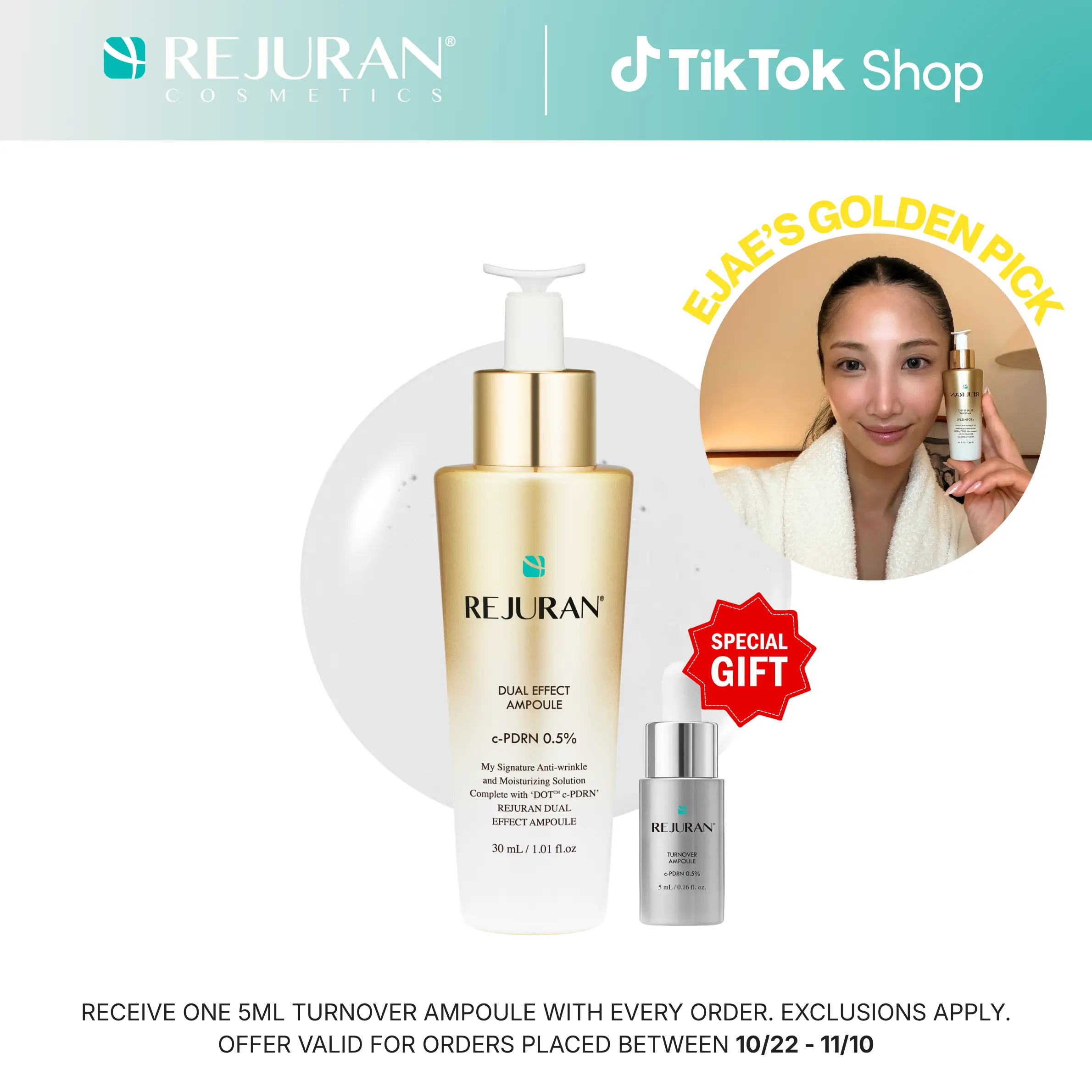 REJURAN Dual Effect Ampoule, DOT DUAL c-PDRN - Rejuvenating Face Serum for Radient Glass Skin, Wrinkle and Fine Line Treatment, Firming, and Deep Hydration, Korean Skincare (1.01 fl oz)