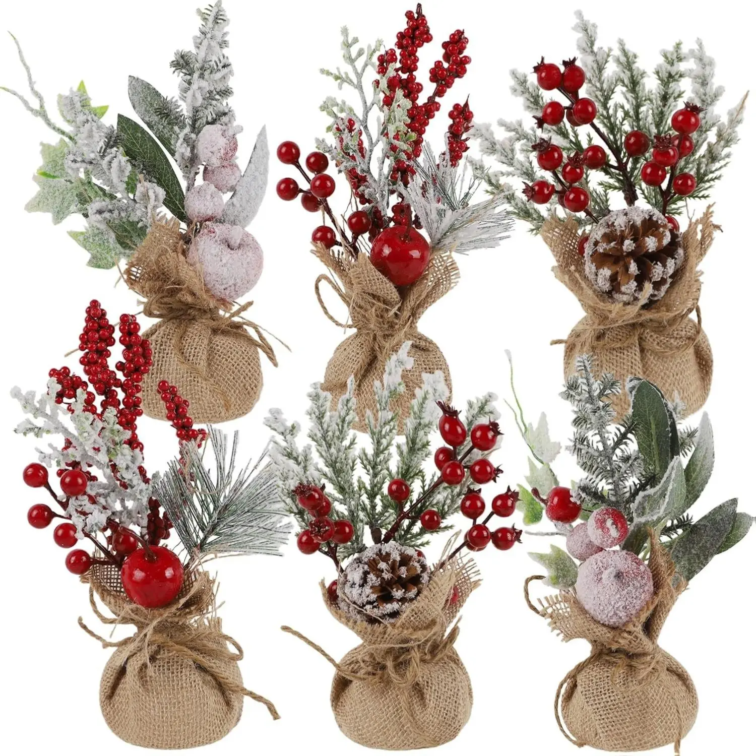 6 Pcs Mini Christmas Tree Table Decorations, 9" Small Artificial Trees with Red Berries Pine Cone Tabletop Centerpiece for Home Office Room Holiday Decorations