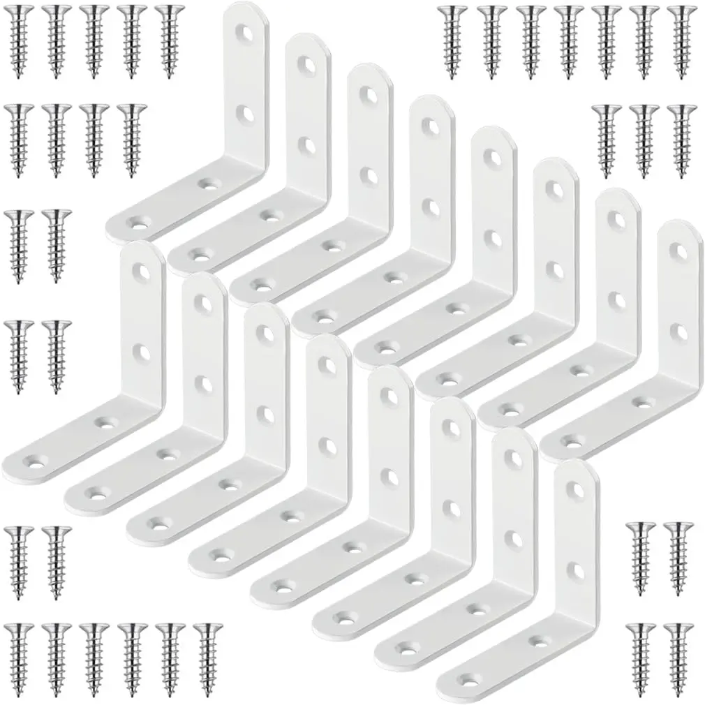 16 count White 2.5 Inch L Bracket Stainless Steel Corner Braces, Heavy Duty 90  Joint Right Angle Brackets for  Shelves, Cabinet, Frame, with Screws