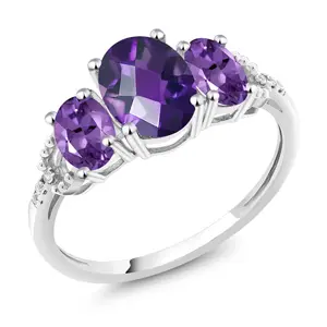 10K White Gold Oval Checkerboard Purple Amethyst and Diamond Accent 3-Stone Engagement Ring for Women | 1.75 Cttw | Three Stone Wedding Anniversary Gold Ring