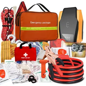 Survival Car Emergency Kit, Roadside Safety Tool Kit with Gloves,Digital Auto Air Compressor Tire Inflator, First Aid Kit, 12 Feet Jumper Cable, Tow Strap, Flashlight for Women, Men, Teenagers