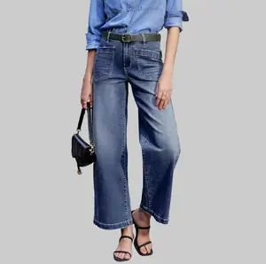 Women’s Blue High Waist Big Patched Pocket Casual Straight Jeans