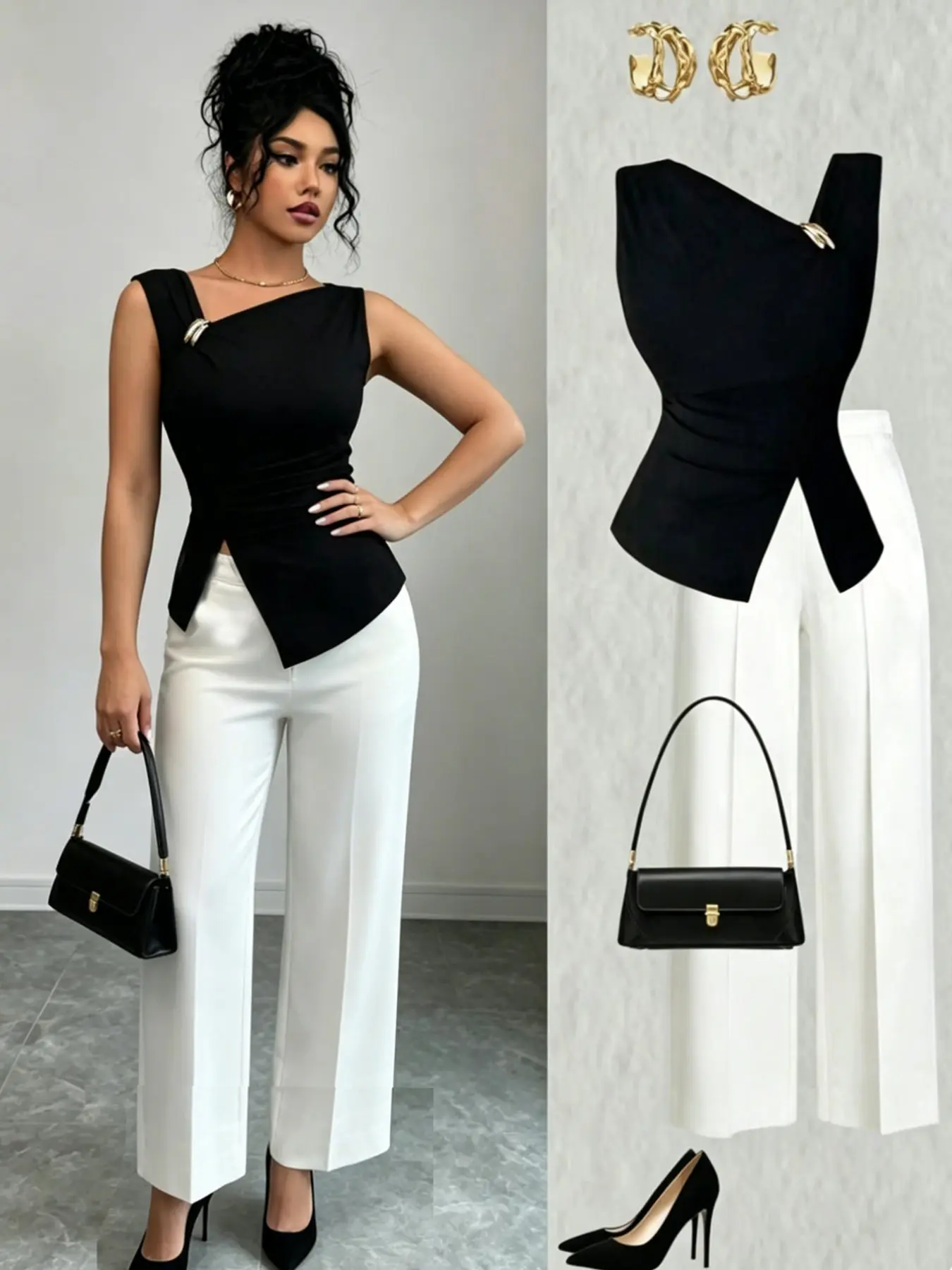 Minimalist Asymmetrical Shoulder Metal Button Sleeveless Top + High-Waisted Wide Leg Pants Set, Slim Fit, Casual Style, Business Leisure