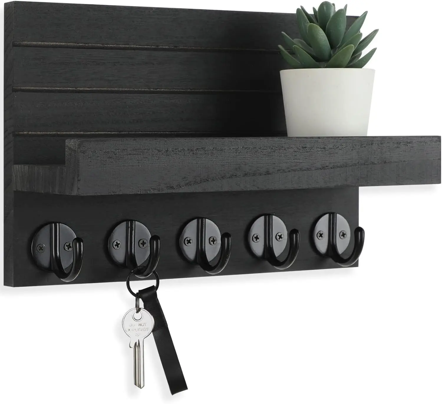 Wall Key Holder with Shelf, Wooden Entryway Organizer with Large Hooks for Keys, Mail, Bags, Coats & Umbrellas, Wall Mounted Storage Rack with Mounting Hardware (9.8" × 6.7" × 4.2")