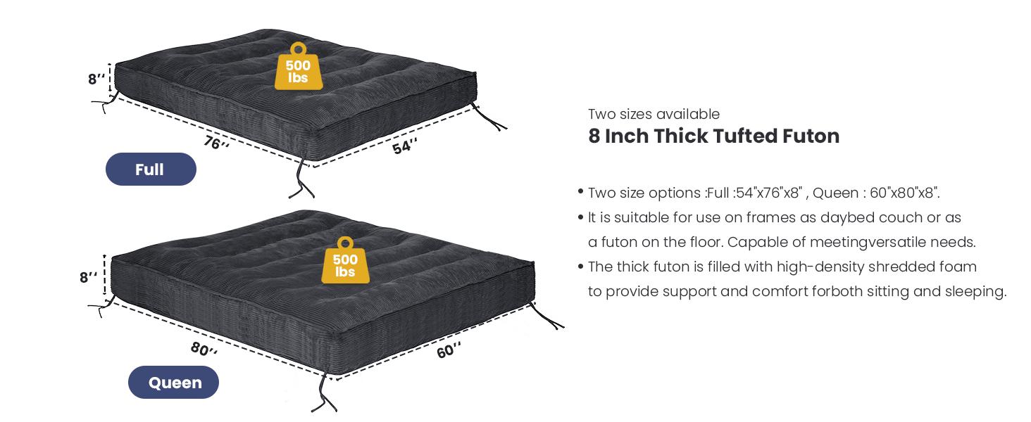 Winzoo 8" Extra Thick Corduroy Futon Mattress - Shredded Foam Filling, Roll-Up Folding Sofa Bed with Straps, Breathable Premium Support for Adults, Upholstered Soft Couch