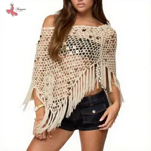 Sequin Crochet Cover Up for Women Hollowed Tassel Off Shoulder Knitted Poncho Trendy Coverup Tops