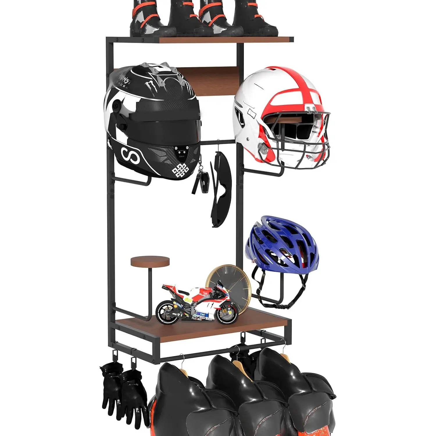 Sturdy Metal Motorcycle Helmet Wall Mount Rack - Hangable Multifunctional Organiser with 4 Hat Stands, 2 Wooden Shelves, 4 Clips, 5 Hooks for Garage Motor Gear, Gloves, Keys - Easy Installation for Men, Football Players, Helmet Storage