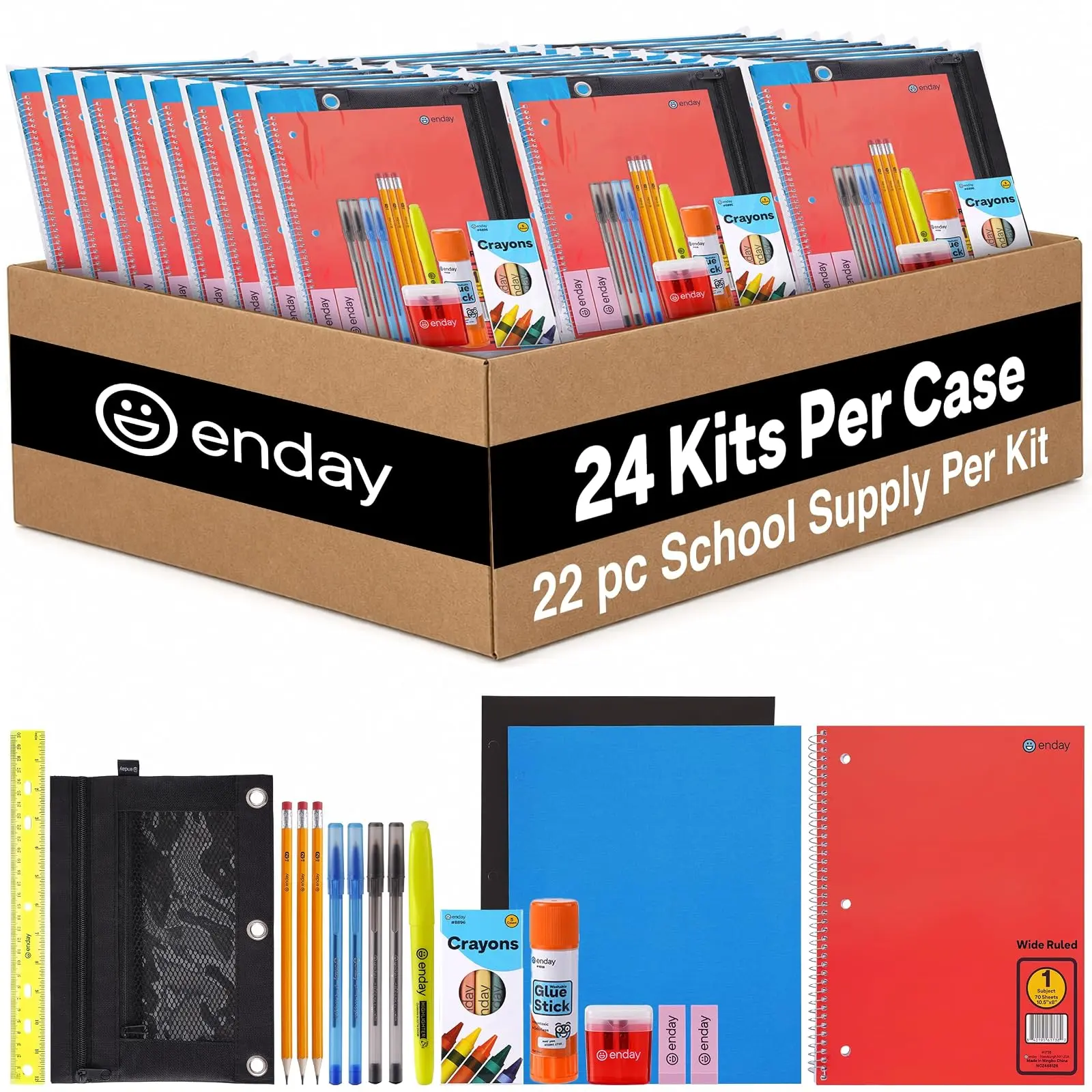 24 Pack Bulk School Supplies for Kids | 22 Piece Back to School Supplies in Each Kit, Premium Quality Kids School Supply for Girls & Boys, Kindergarten, Elementary, K-12 - By Enday