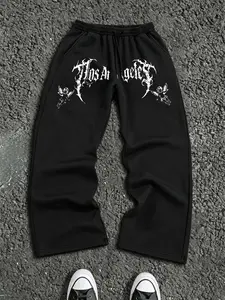 High Street Los Angeles Theme Print Wide Leg Sweatpants, Loose Straight Fit Soft Fabric, Men's American/subculture Wear, Heavyweight Long Pants