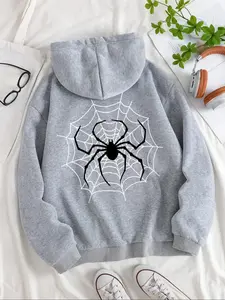 Women's Spider Print Drop Shoulder Hoodie, Fashion Cute Casual Drawstring Pocket Hooded Sweatshirt for Daily Holiday Outdoor Wear, Women's Clothing for All Seasons