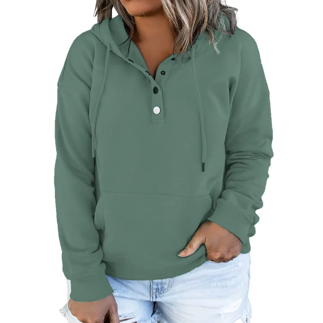 Women's Plus Size Oversized Hooded Sweatshirt - Cotton Blend, Button Collar, Drawstring, Long Sleeve Pullover, Kangaroo Pouch, Breathable Soft Denim, Comfy Over Everything, Party/Outdoors Piece, Pairable with Pants & Leggings