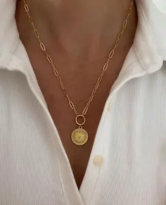 24k Gold paperclip chain necklace with charm ring closure, Gold necklace, charm Medallion Necklace, Sun Necklace,jewelry gift for her