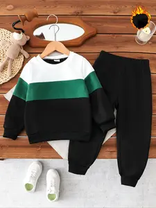Boys' Fall Winter Fleece Set, Colorblock Design, Round Neck Sweatshirt, Jogger Pants, Warm and Comfortable, Casual, Clothes Kids