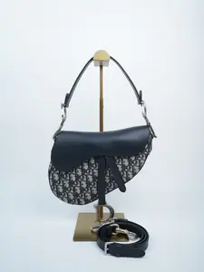 Pre-owned Dior calfskin/canvas Crossbody Bags Christian Calfskin Oblique Saddle Bag With Strap Blue