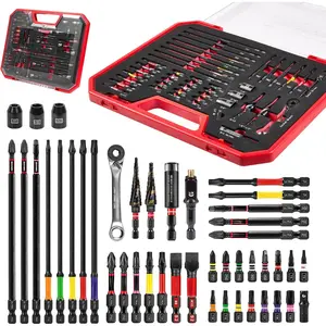 44Pcs Tools Set Packaged Impact Screwdriver Bits,Ratchet Wrench, Socket Driver, Sockets, Step Drill, 1/4"Socket Adapter and Impact Bit Holder with Tool Box Storage for Home Repairs, DIY