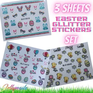 Easter Glitter Nail Stickers Self-Adhesive Set of 3 - Various Designs Featuring Bunny and Egg Theme Multicolor