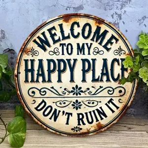 Welcome To My Happy Place Letter Pattern Metal Sign, Round Vintage Metal Sign, Wall Decor for Home Office, Room Accent Decor