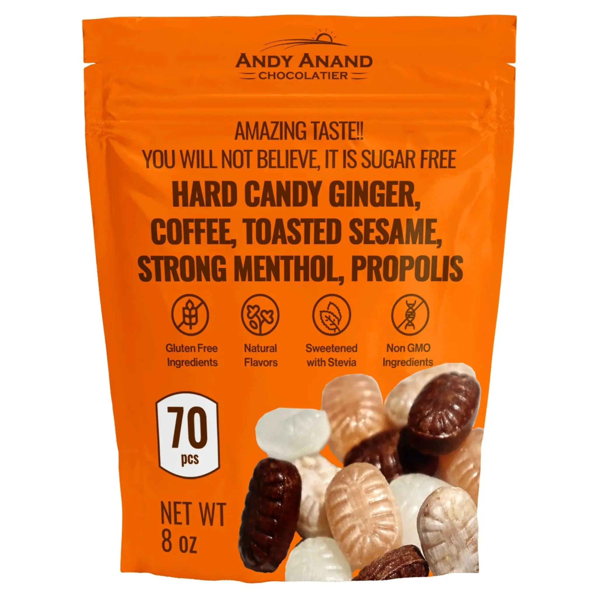 Andy Anand Sugar-Free Hard Candy Variety Pack, 85 pc, 7 oz – Ginger, Coffee, Sesame, Menthol & Propolis, Stevia, Diabetic-Friendly Gift Box