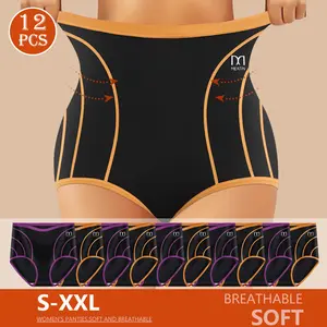 QUASTI 12 Piece High Wasit Contrast Color Briefs for Women, Full Coverage Tummy Control Hip Lifting Breathable Stretchy Sports Panties,  Comfortable Shapewear Briefs for Women, Soft Fit Basic Fashionable Underwear, S-XXL