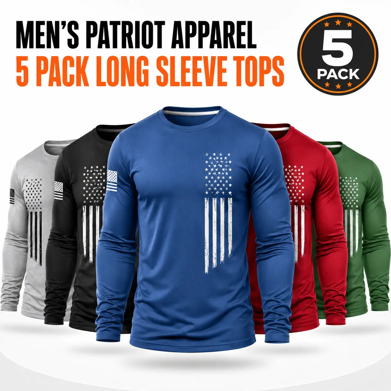 Men's [5-Pack] Long Sleeve Active T-Shirts | Quick-Dry Breathable Athletic Fit | Independence Day Special Patriot Apparel spring and autumn men's clothing Athletic Apparel Athletic Mesh Street Fit Plain Menswear Menswear Casual