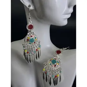Authentic Handmade Earrings |     Vintage Multicolor Stone Silver Dangle Earrings with Retro Finish