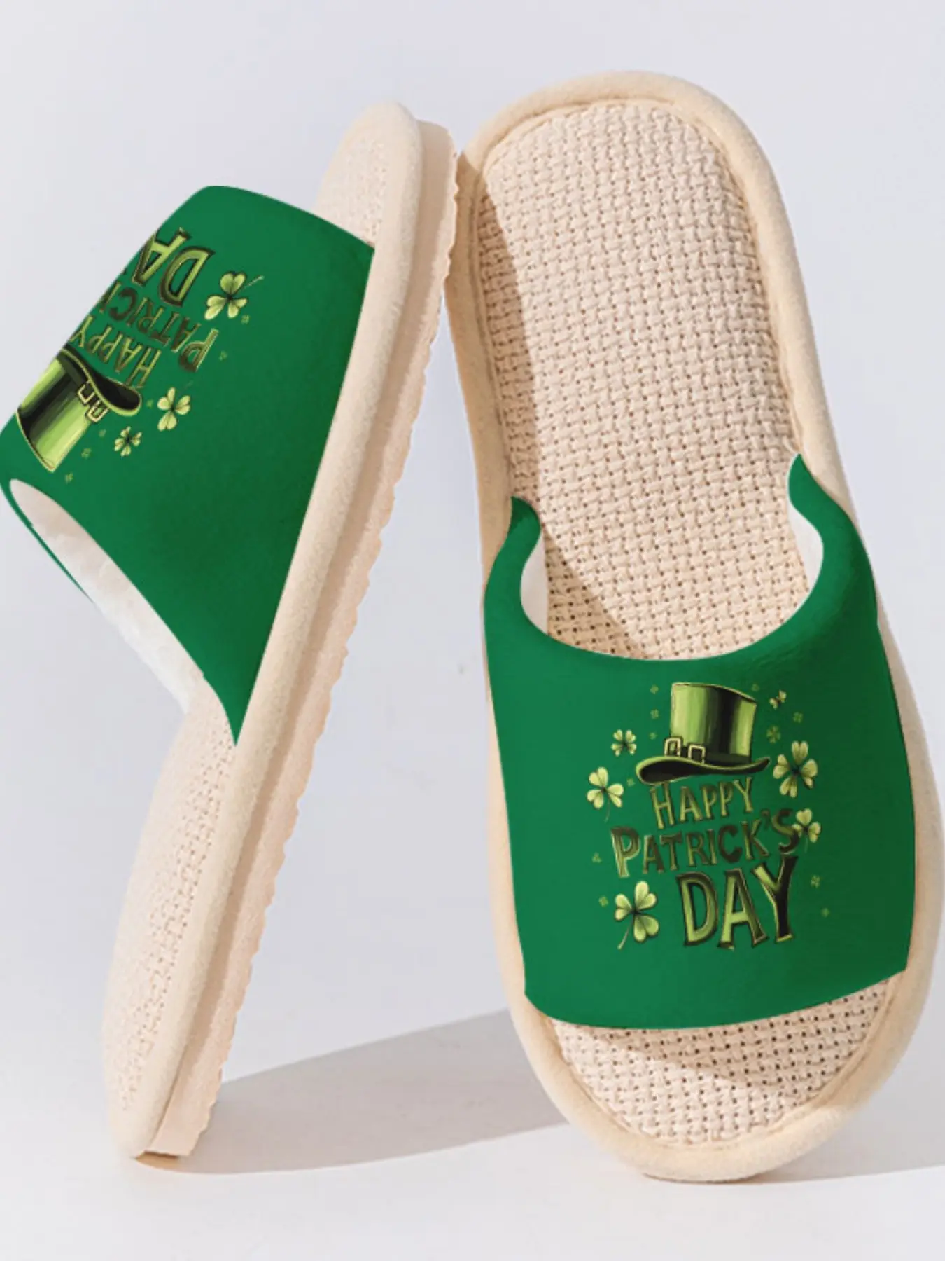 St. Patrick's Day Leprechaun Hat & Shamrock  Festive & Lucky 1 Pair Non-slip Linen Slippers, Lightweight Breathable All Season House Slippers for Women Men Family Guest Daily Wear