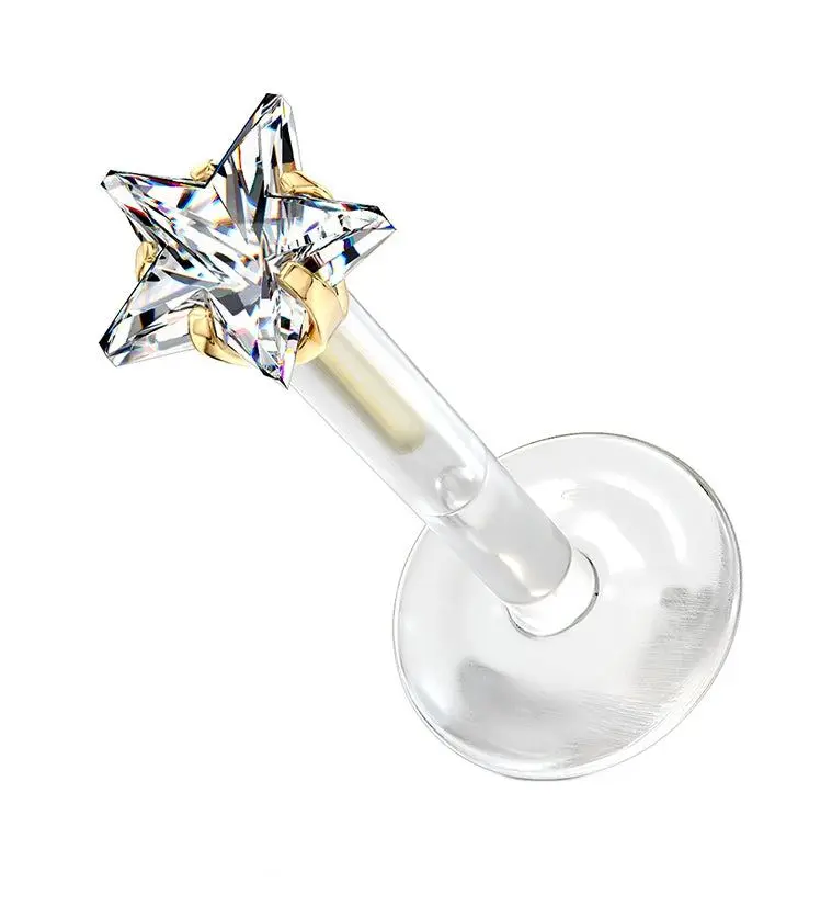 16G Gold Prong Star CZ Bioflex Labret Post