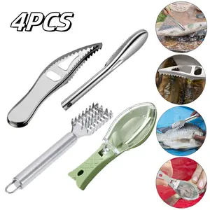 4PCS Fish Scaler Remover, Fish Scaler Brush, Stainless Steel Fish Cleaning Kit Fish Scaler Fish Skin Graters Cleaning Peeler Scaler Scraper with Bottle Opener for Kitchen Fish Scales Removing Peeling