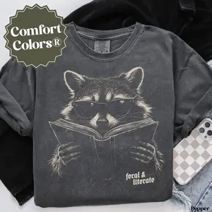 Comfort Colors Feral & Literate Raccoon Teacher T-Shirt, Funny Reading Teacher Tee, Back to School Book Lover Shirt