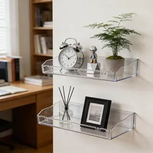 Acrylic Wall Floating Shelves, Clear Organizer Shelf, Adhesive Mount or Drilling Available, Practical Storage for All Rooms