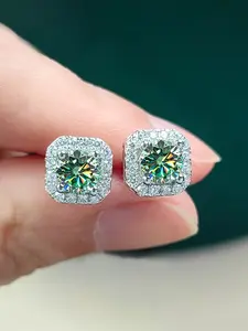 A pair of S925 sterling silver square earrings with 1.0 carat green moissanite. Perfect for engagements, weddings, and anniversaries. Gift box included