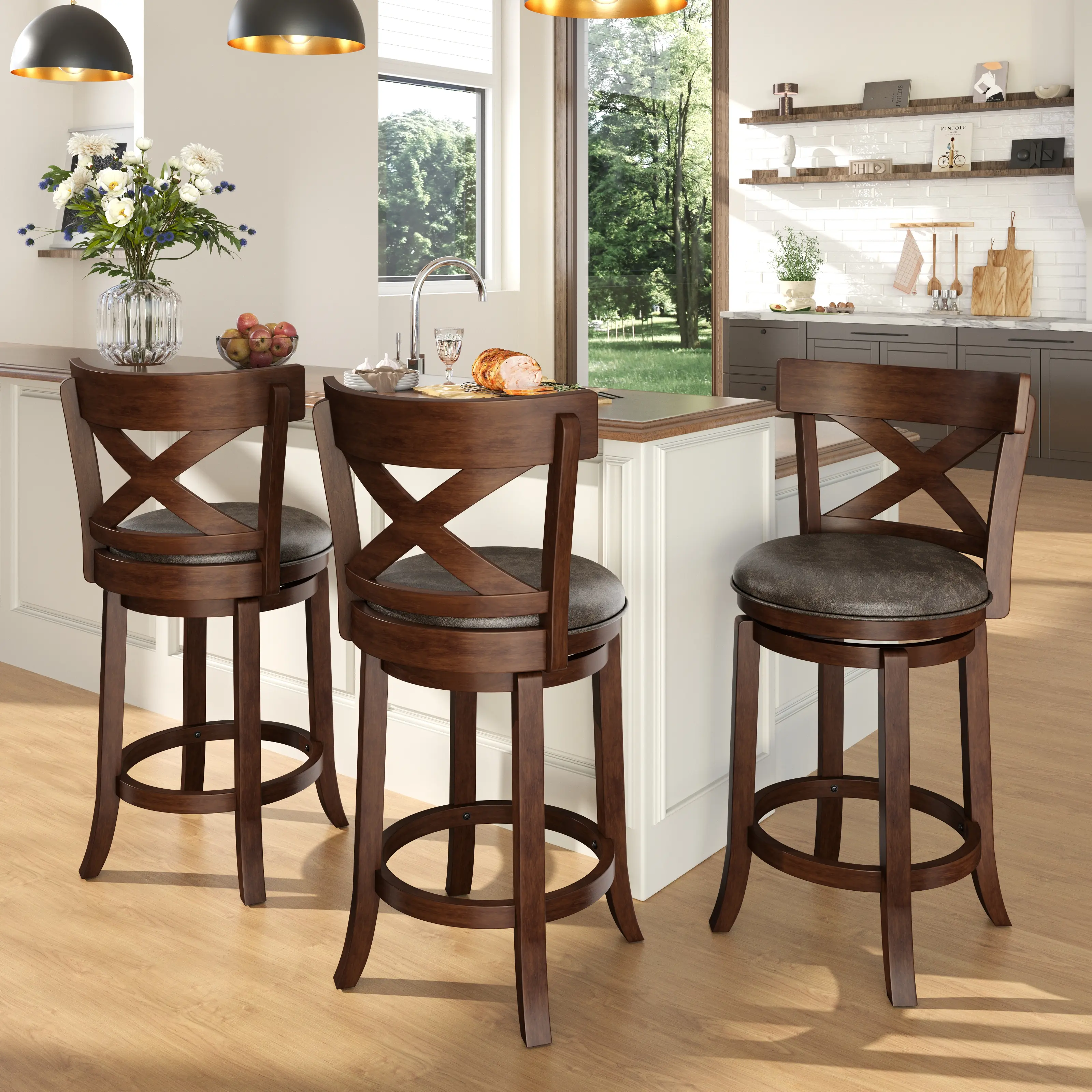 【360° Swivel 】PHI VILLA 26/30 inch Bar Height Stools Set of 2/3/4,Swivel Wooden Barstools Tall Upholstered Faux Leather Barstool with Back,Vintage Bar Height Chairs,Dark Brown Kitchen Stools, Home Decor, Summer Sale