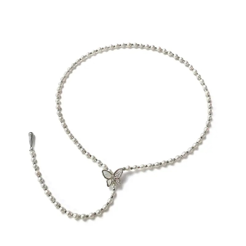 Seed Pearl Lariat Necklace with Butterfly Pendant, Aesthetic Fairycore Y2K Jewelry for Party & Dating